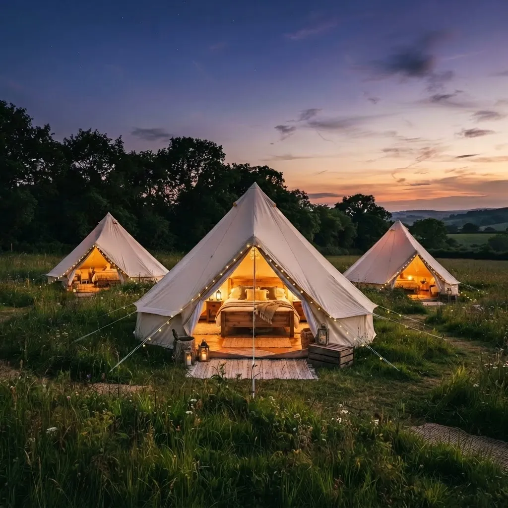 A cluster of luxury bell tents glowing warmly at golden hour dusk in the English countryside, with a handcrafted pine bed visible inside