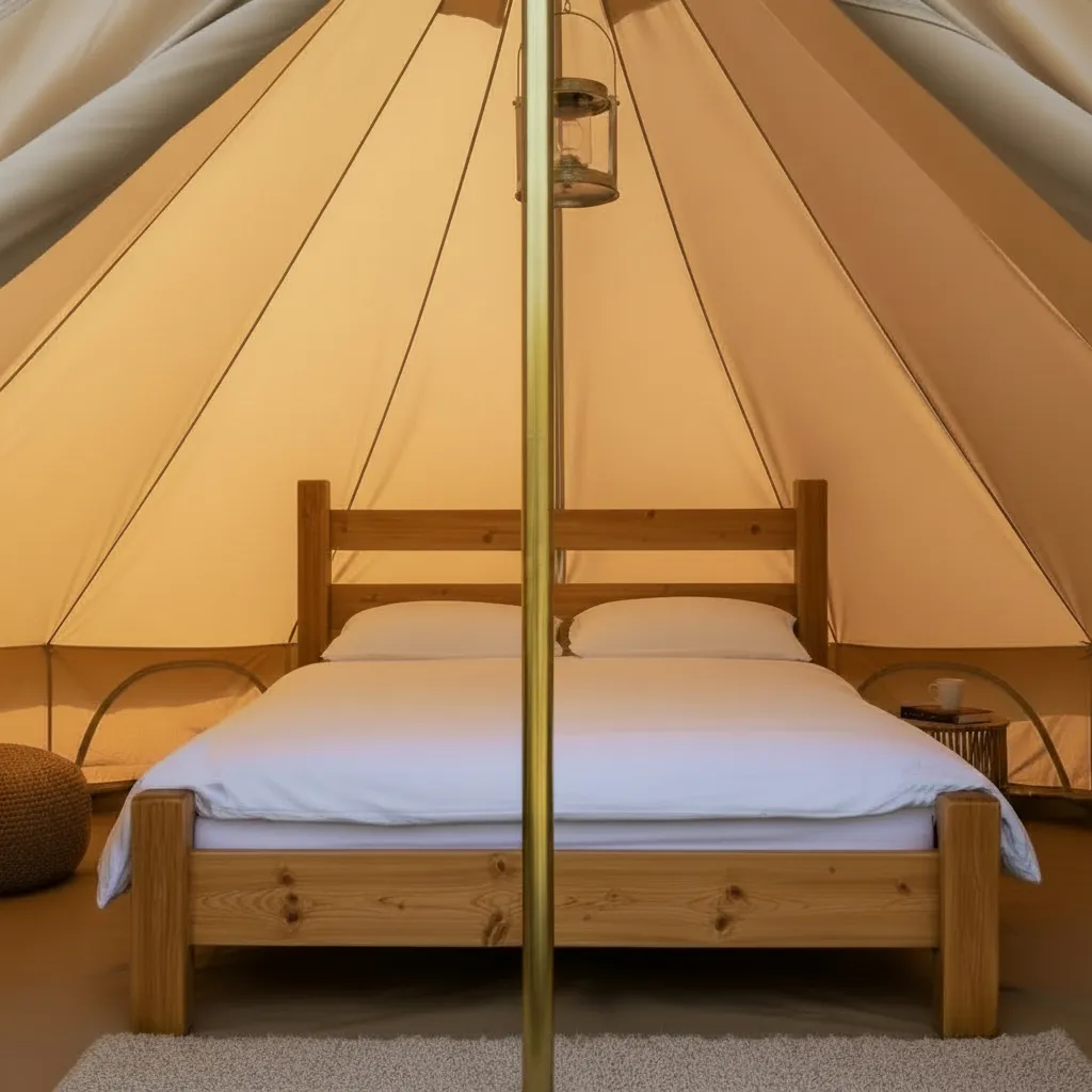 Solid pine bed with a slim gold central pole at the foot of the bed in the foreground