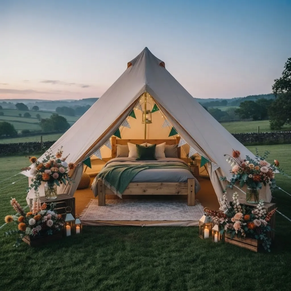 A luxury bell tent at dusk with the door open, revealing a real pine double bed with luxury bedding inside