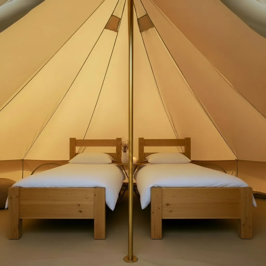 Two single solid pine beds with solid single-panel footboards, a round gold tray table and a slim gold central pole