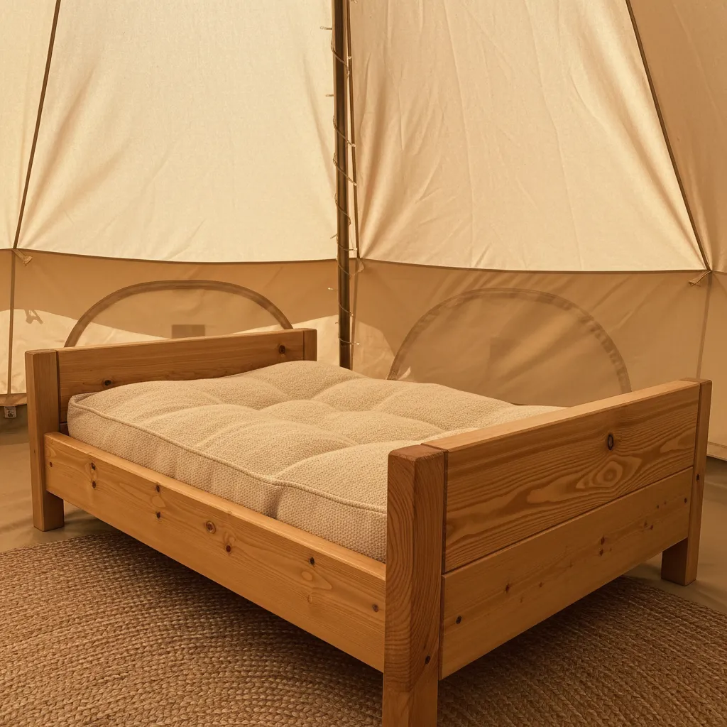 Handcrafted pine dog bed with soft cushion inside a luxury bell tent