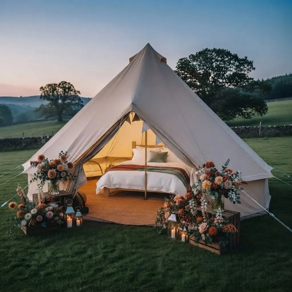 Luxury bell tent with real pine double bed and flowers styled for a wedding in the English countryside